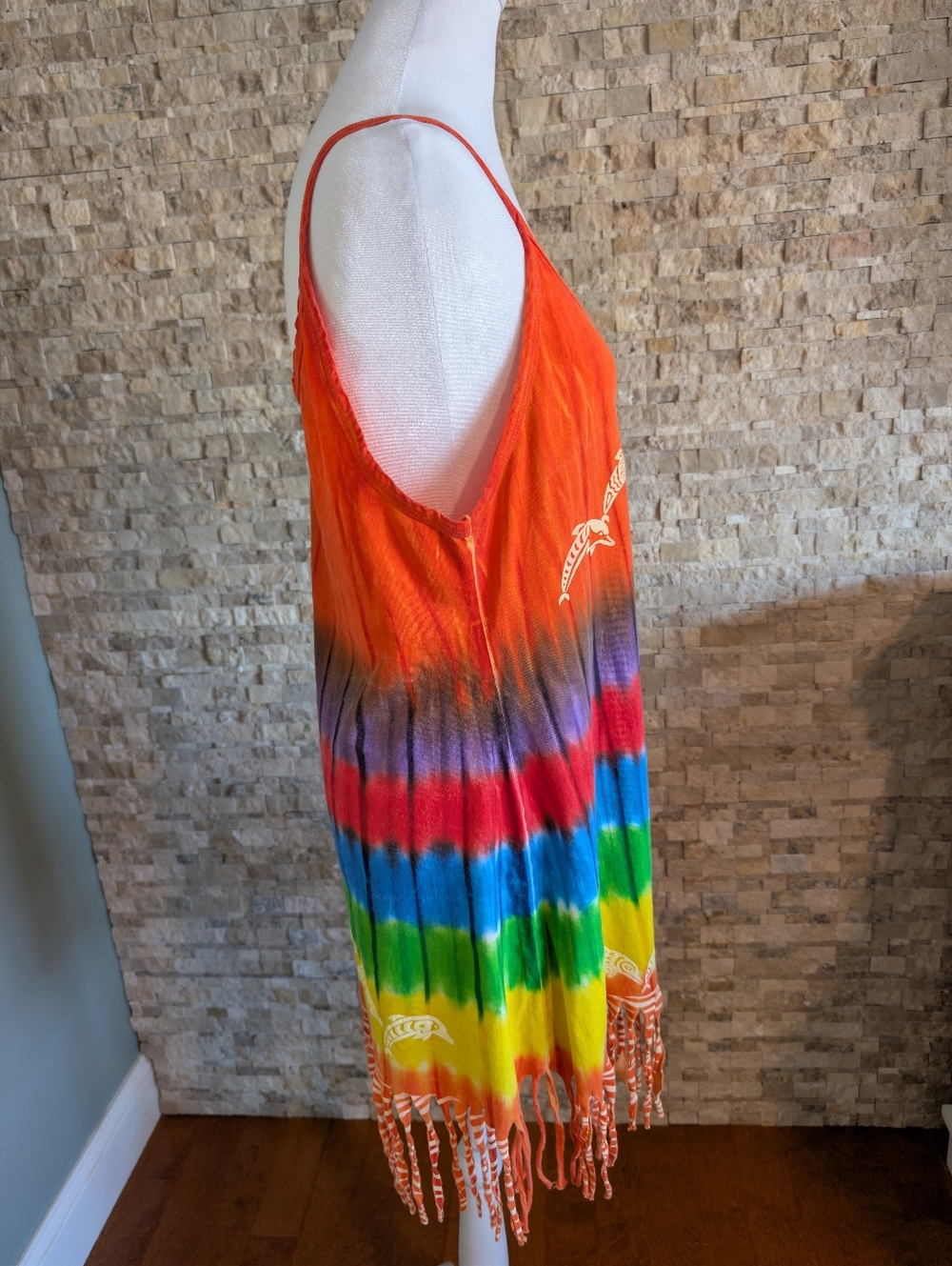 Vintage Cancun Mexico Rainbow Tie Dye Dolphin Fringe Tank Top Cover Up Festival - Picture 2 of 9